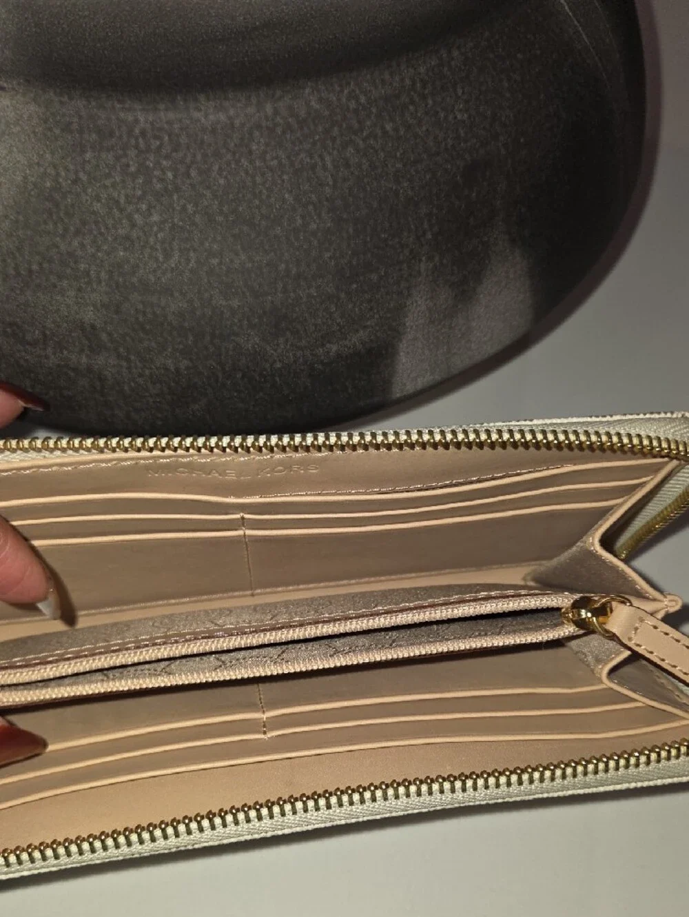 Michael Kors Beige Logo Zip Around Wallet with Gold Hardware